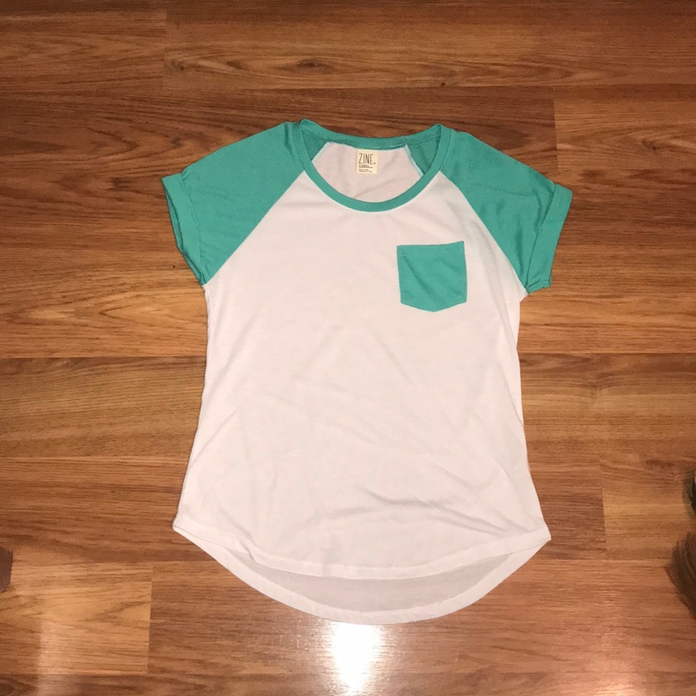 White and turquoise short sleeve shirt with pocket